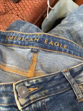 American Eagle Outfitters Light and Dark Blue Denim Jeans with Tan Stitching